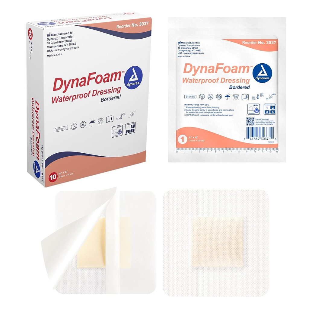 Dynarex Dynafoam Nepremokavá lepiaca pena s oblečením, 4" x 4," 10 gróf