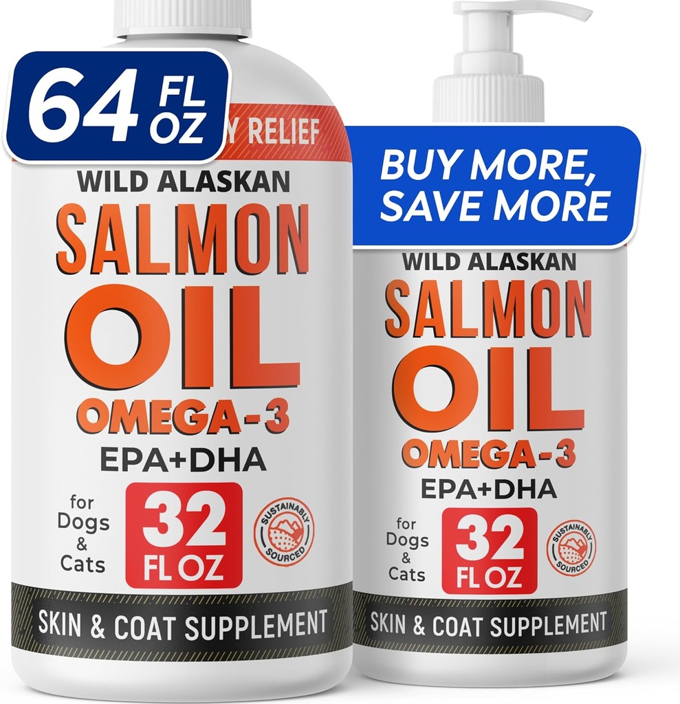StrellaLab 64 OZ Lososový olej pre psy - Omega 3 pre psy a mačky, Svrbenie a alergie Relief, Wild Aljašský lososí olej Psy Skin & Coat, Pes Fish Oil Liquid, Shedding Supplement EPA & DHA Mastné kyseliny - 2Packs