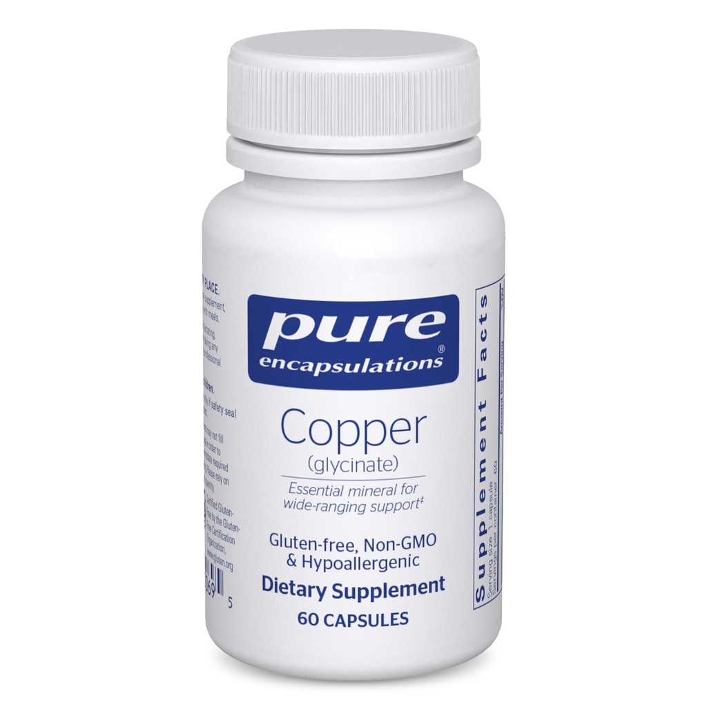 Pure Encapsulations Copper Glycinate 60's - 2 mg medi Supplement, podporuje tvorbu červených krviniek* - Aids Energy Metabolizmus - Non-GMO & Vegan - 60 Kapsule