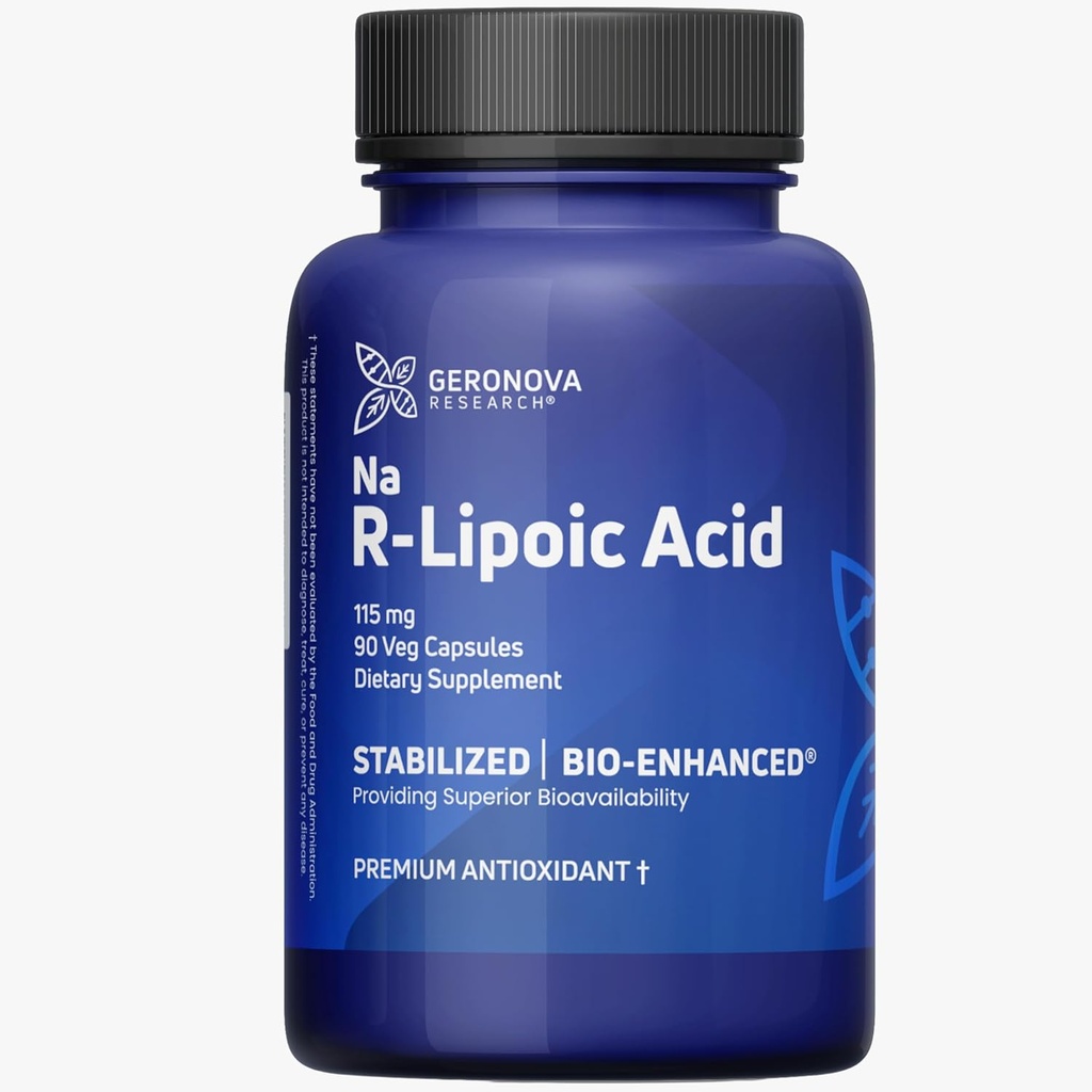 Geronova Research Bio-Enhanced R-Lipoic Acid, 115 mg Kapsule - 3 mesiace Zásoba - Stabilizovaná R Alpha Lipoic Acid s posilnenou absorpciou - R Addition Lipoic Acid - 90 Počet