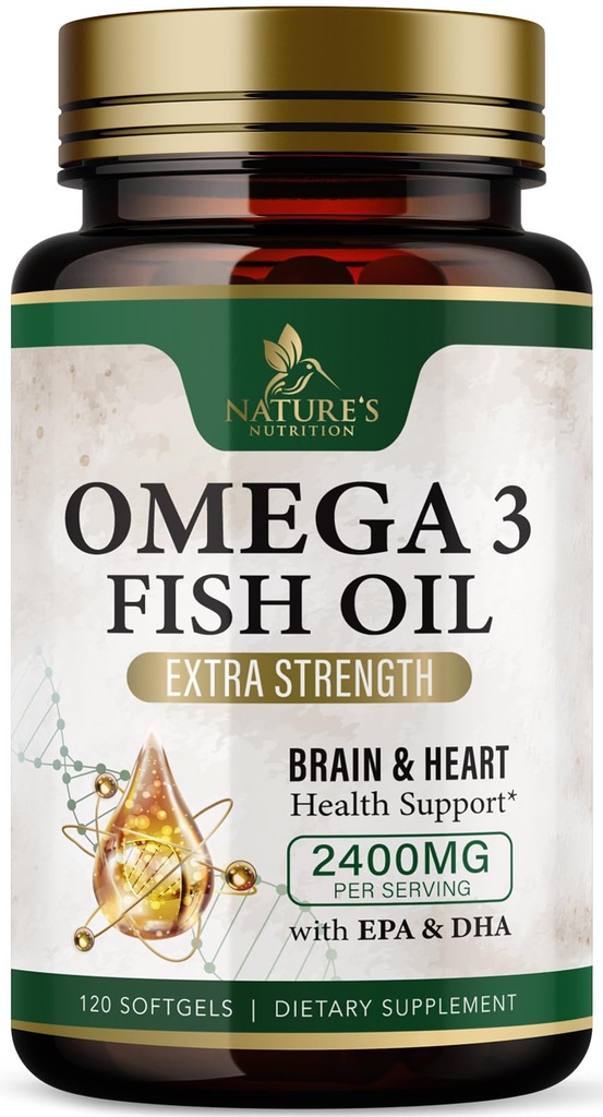 Omega 3 Fish Oil Doplnky 2400 mg - Trojitá sila Omega3 - EPA a DHA s esenciálnymi mastnými kyselinami - Prírodná imúnna, podpora zdravia mozgu a srdca - Burpless, citrónová aróma, divoký Caught - 120 Softgels
