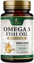 Omega 3 Fish Oil Doplnky 2400 mg - Trojitá sila Omega3 - EPA a DHA s esenciálnymi mastnými kyselinami - Prírodná imúnna, podpora zdravia mozgu a srdca - Burpless, citrónová aróma, divoký Caught - 120 Softgels