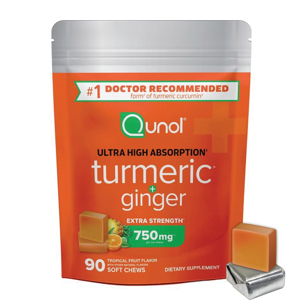 Qunol Turmeric and Ginger Soft Chews, 750mg Turmerica Supplement, Ultra vysoká absorpcia na podporu spoločného zdravia, 90 Počet