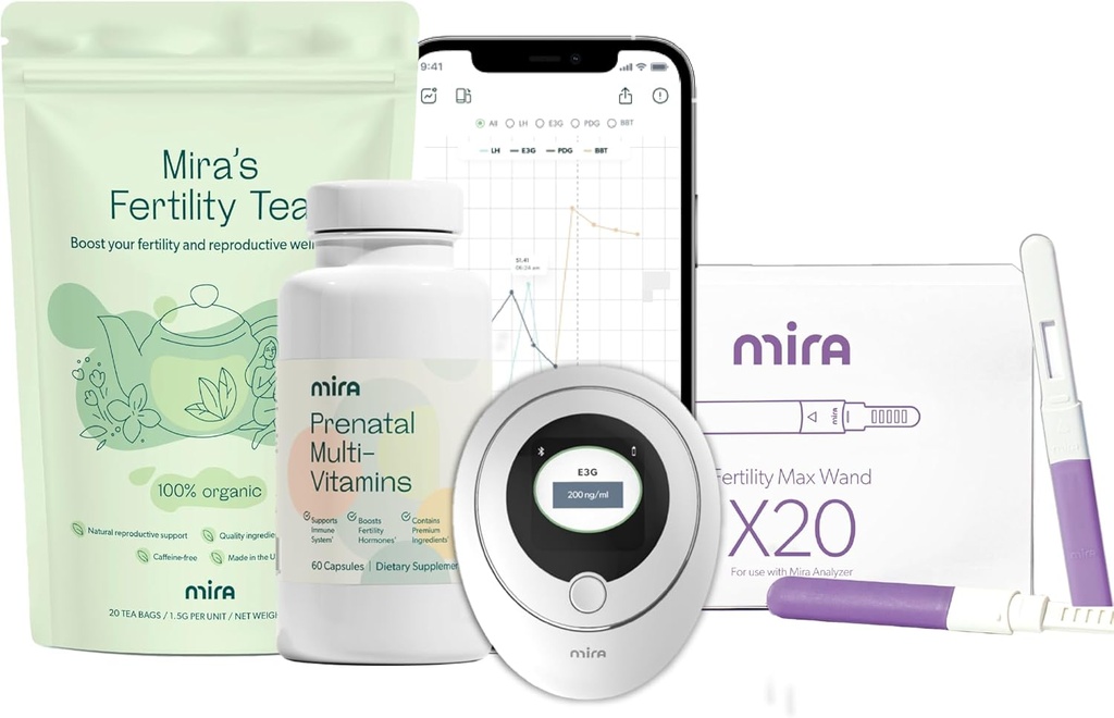 Mira Gravidita Bundle pre Snaženie sa Conceive, Digitálna plodnosť a ovulácia Kit s 20 Max Testové prútiky, 1 Fľaša Mira prenatálne multivitamíny (60 kapsúl), & 1 Vrecúška plodnosti čaj (20 čajové tašky)