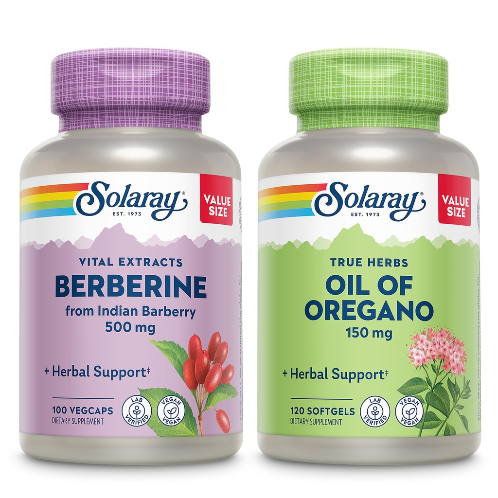 SOLARAY Berberine a olej z Oregano Bundle - Berberine HCl z indickej Barberry Plus Oregano Oil Supplement for Powerful Wellness Support - 100 VegCaps/120 Softgels