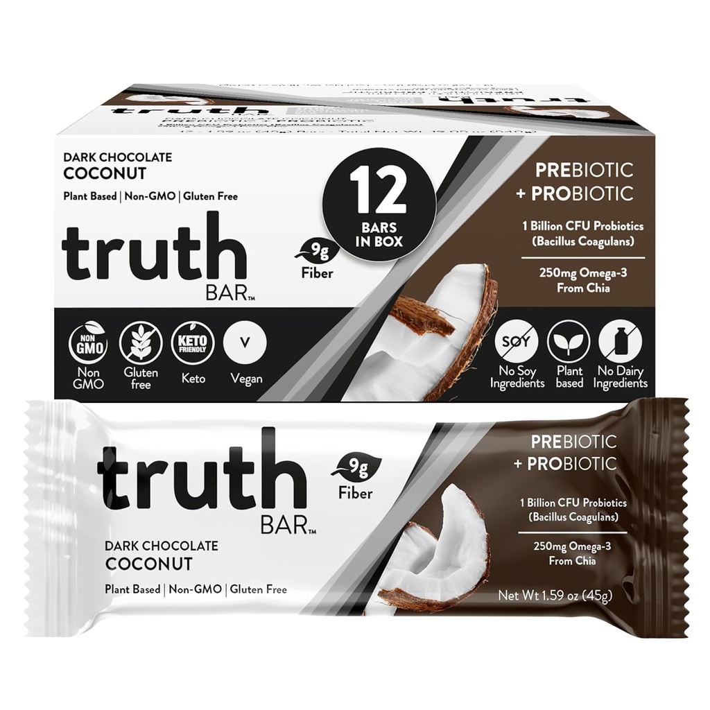 Truth Bar Healthy Snack, Omega 3 z Chia, Rastlinné založené, Prebiotiká & Probiotiká, Vysoká vláknina, Nízky cukor, Keto, Kosher, Dark Chocolate, Vegan, Gluten Free, 12 Ct, 45 g ea.