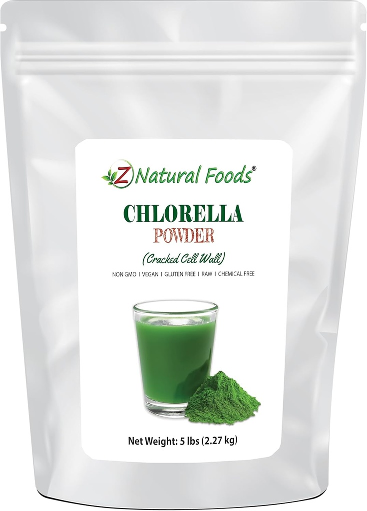 Z Natural Foods Chlorella Powder, Cracked Cell Wall Plant Protein, Blue Green Algae Superfood Powder, Perfektné pre smoothies, Nápoje, recepty, Raw, Non GMO, Gluten Free, Vegan, 5 libier