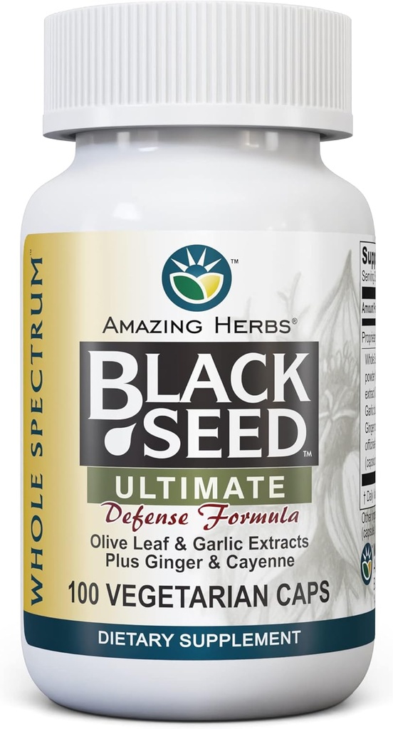 Úžasné bylinky Celé spektrum Čierne semená Ultimate, Vegetariánske kapsule - Olive Leaf & Cesnak Extrakty Plus Ginger & Cayenne, bez lepku, Non GMO, Vegan - 100 Počet