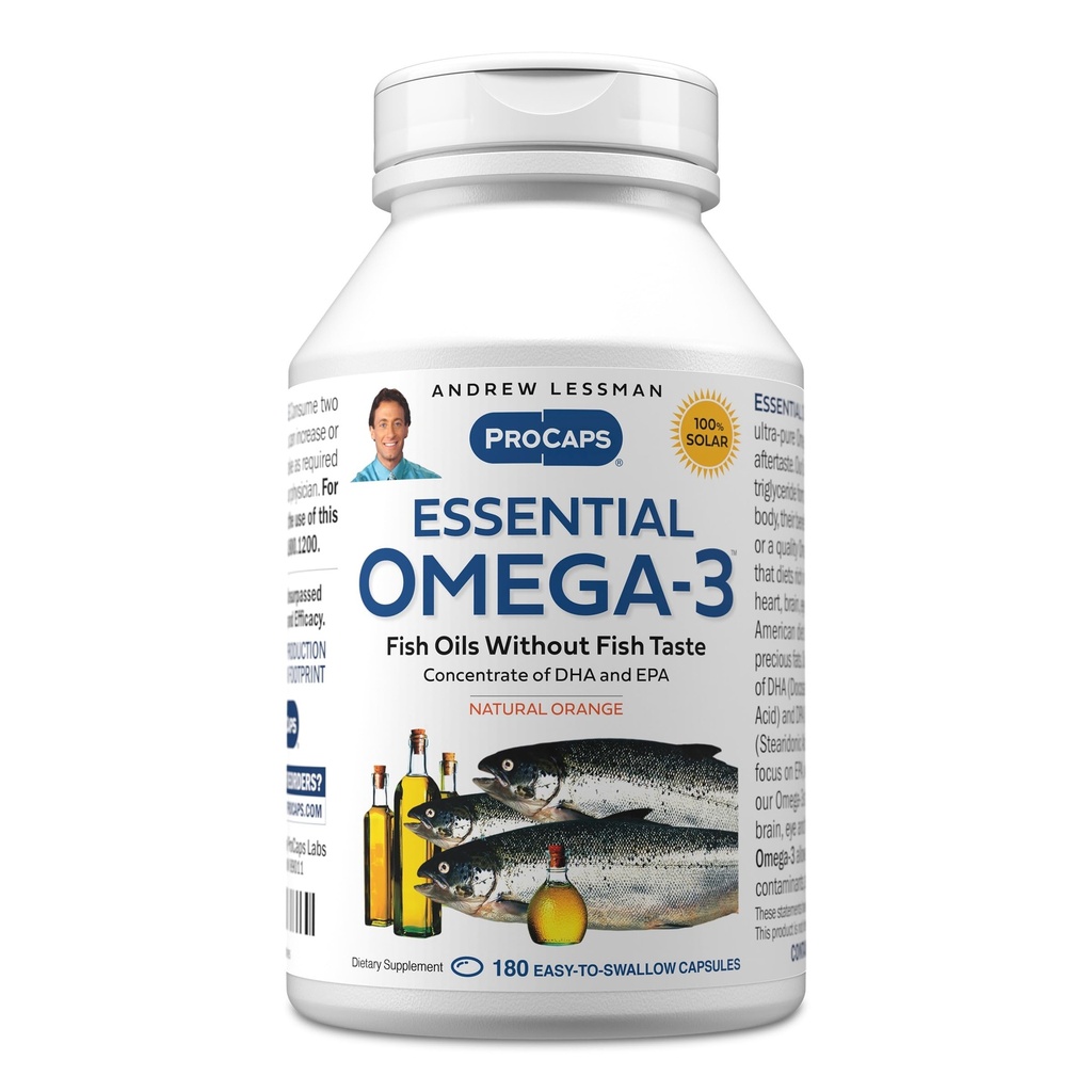 Andrew LESSMAN Essential Omega-3 Orange - 180 Softgels - Ultra-pure, High Potency Omega-3 Oils. Vysoká DHA, žiadne žalúdočné ťažkosti, žiadne kontaminanty, žiadna ortuť. Malé ľahko prehltnúť Softgels