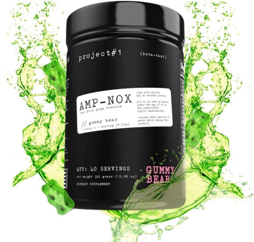Project #1 AMP-NOX: Non-Stim Pre Cvičenie Powder - Boost Focust, Pumpa, & Energy - Kofeín zadarmo Proteín Nápoj s aminokyselinami pre mužov a ženy - Gummy Bear chuť - 40 Servivné