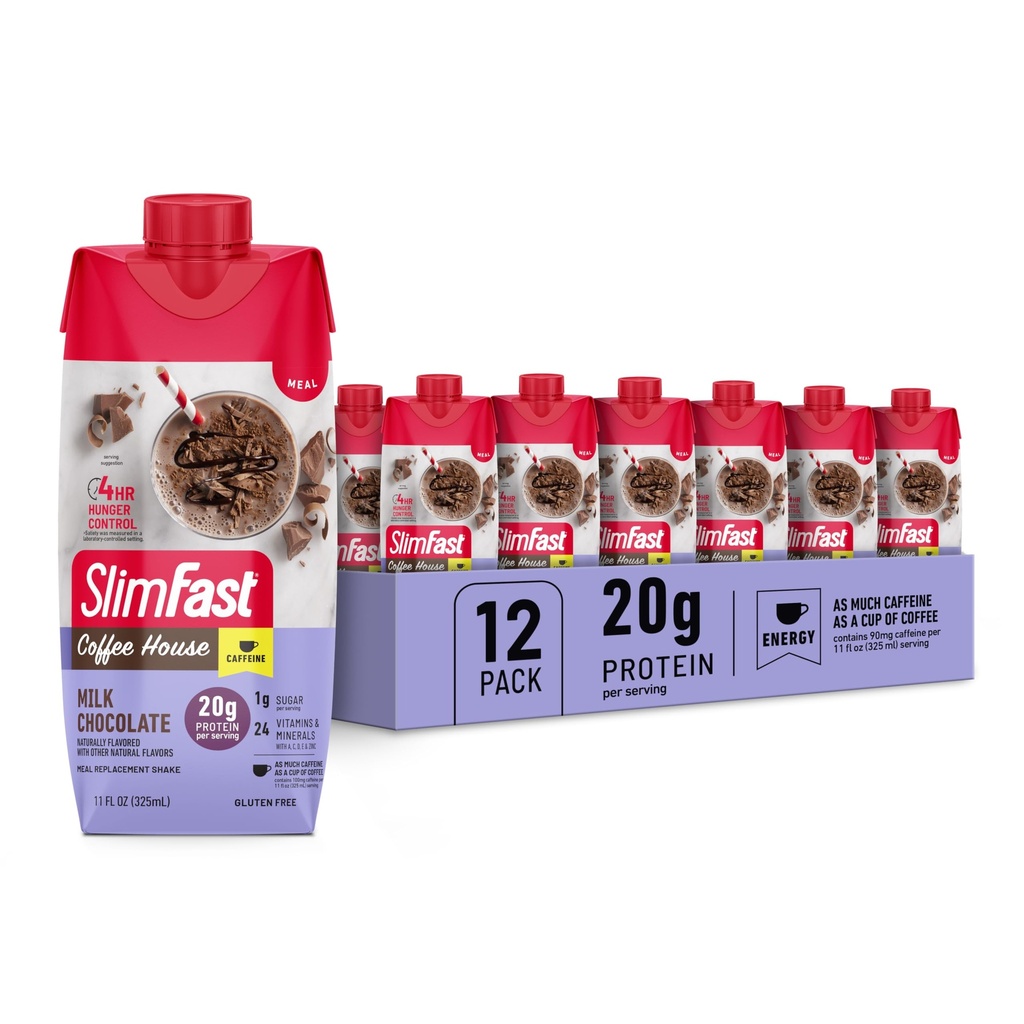 SlimFast Protein Shake, NEW Milk Chocolate- 20g Protein, Strava Replacement Shake Ready to Pit, High Protein with Low Carb and Low Cukor, 24 Vitamíny a minerály, 11 Fl Oz (Pack of 12)