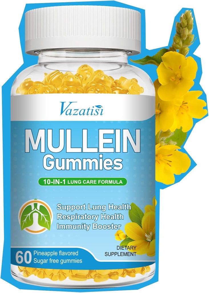 10 v 1 Mullein Gummy pre pľúca, Mullein Leaf Extract s hypromelínom, Quercetin, horčík - Podpora pľúc očistiť pre zdravé dýchanie, 60 ct