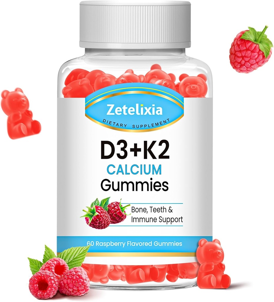 Vitamín D3 K2 bez obsahu cukru, vitamín D3 2000 IU, K2 (MK7) 120mcg, vápnik 600 mg s vitamínom D3, podpora B0ne a imunitné zdravie, Vegan, bez lepidla, malinová príchuť, 60 počet