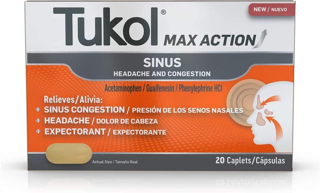 TUKOL Max Action Sinus, Kongescia a tlak Caplets pre bolesť, bolesť hlavy Relief, Explorant, non-Drowsy, 20 Počet