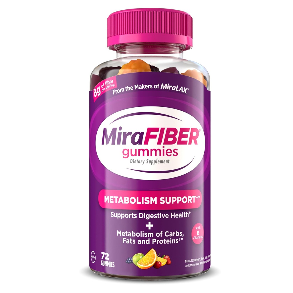 MiraFIBER Gumies od tvorcov MiraLAX, 8g denného Fiberu na obsluhu, metabolická podpora s B vitamínmi, zdravie Gut pre mužov a ženy, prebiotické Fiber Gumies pre dospelých, zmiešané ovocné arómy 72Ct