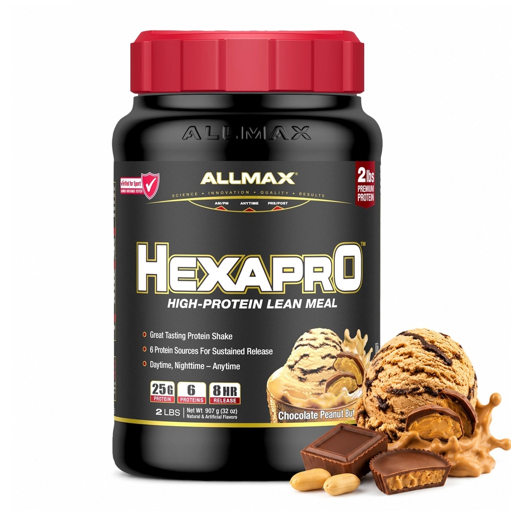 ALMMAX HEXAPRO, Čokoládové arašidové maslo - 2 lb - 25 gramov proteínu na jedno použitie - 8-hodinové trvalé uvoľnenie - nula cukru - 21 porcií
