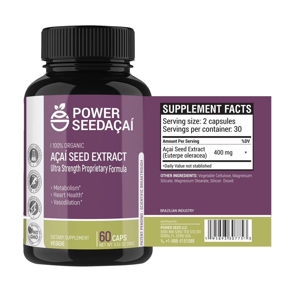 Power Seed Acai - Posilňovač oxidu dusnatého. Podporuje prietok krvi, hladiny cukru v krvi, Metabolická funkcia a energia. Super silný antioxidant. Kofeín-Free. Patentovaný Vzorec 60 Kapsule