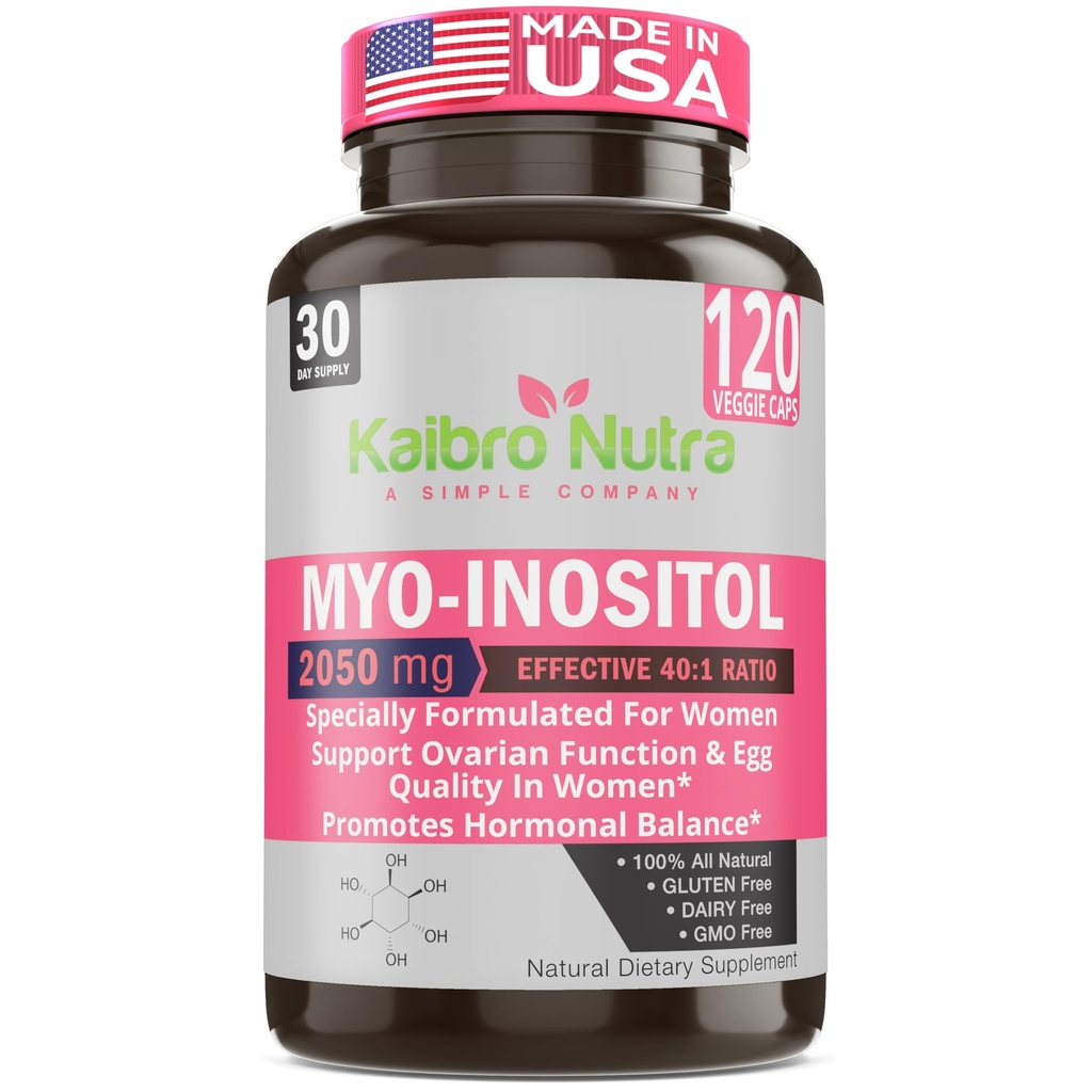 Kaibro Nutra Myo-Inozitol Supplement, Myo-Inozitol & D-Chiro Inozitol 40:1 Ratio, Hormone Balance & Ovarian Support for Women with Vitamin B8, 2050mg, Vegan, Non-GMO Capsules 120 Count