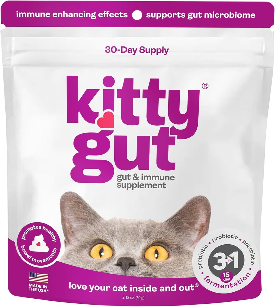 KittyGut 3-in-1 Organic Cat Probiotiká a postbiotické doplnky prášok-vyrobené v USA-Probiotiká pre mačky podporovať zdravie Gut a Cat Digestive Podpora, hnačka a vracanie (60g)