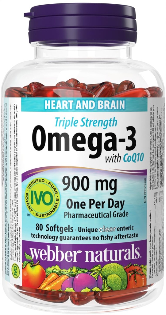 Webber Naturals Triple Strength Omega-3 with CoQ10 enteric coated 900 mg Omega-3 (EPA • DHA) / 100 mg CoQ10, 80 caps