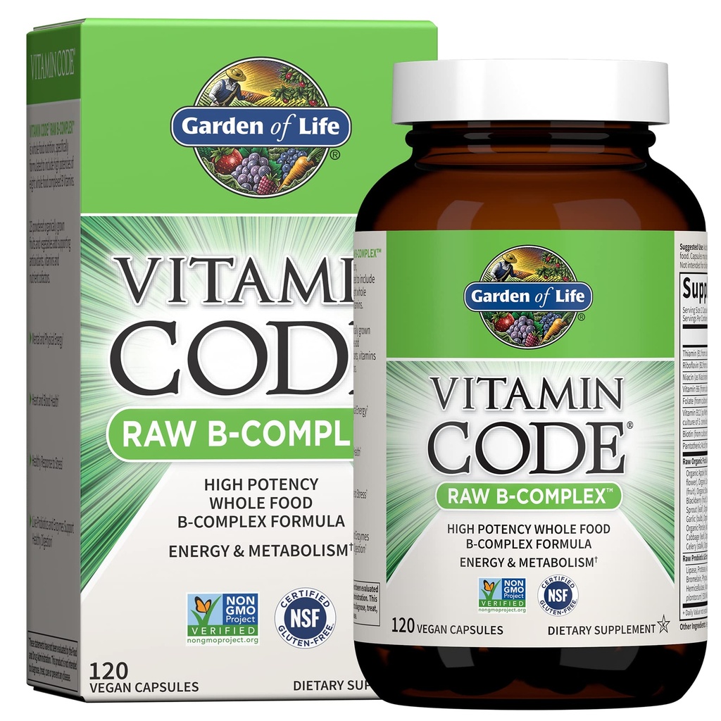 Záhrada života Vitamín B komplex, 120 Vegánske kapsuly, vysoká potencie Vitamíny pre energiu a metabolizmus s B6, folát & B12 ako metylkobalamín Plus probiotiká