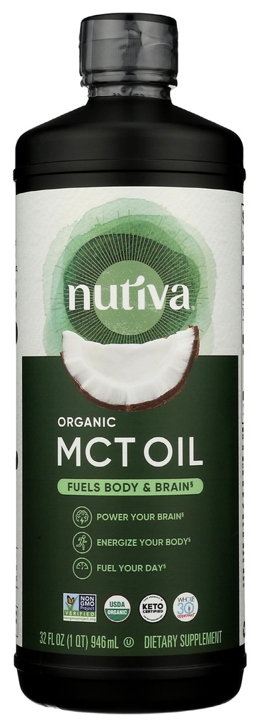 Nutiva Organic MCT Olej, bez príchute, 32 Oz, USDA Organic, Non-GMO, non-BPA, celý 30 Schválené, Vegan, Gluten-free & Keto, 14g MCT za obsluhu a neutral chuť na energiu Boost na kávu, Shakes a šaláty