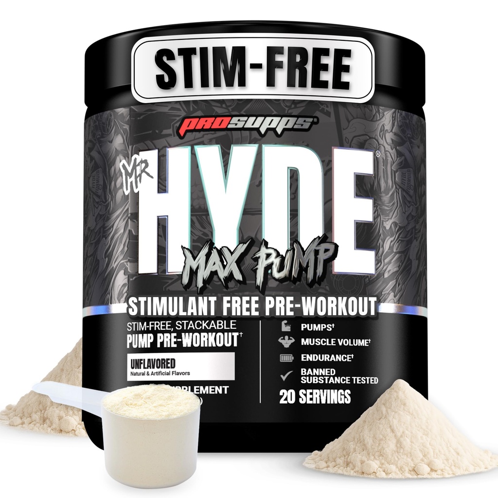 PROSUPPS Mr Hyde Max Pump Pre Cvičenie Powder - Stim-free Preworkout podporuje prietok krvi, objem svalov a vytrvalosť - Kofeín-bez oxidu dusnatého Gym & Fitness Supplements (Nechutné, 20 Servis)