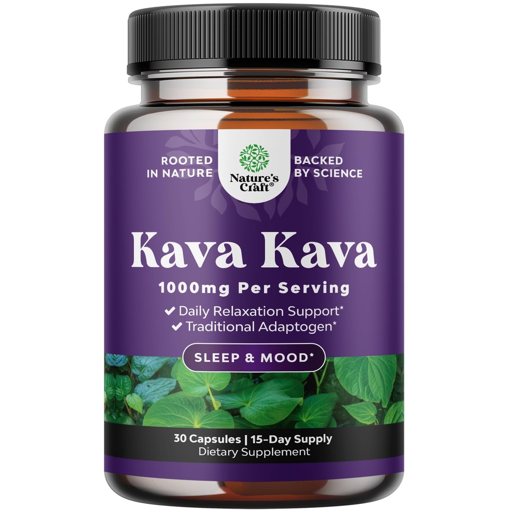 Kava Kava Root Extract Supplement 1000mg - Rýchle herecké Bylinná podpora s Kavalaktónmi pre vyváženú náladu - Relax Pokojné kapsule pre Stress Support & Lepší spánok - 15 Serviv