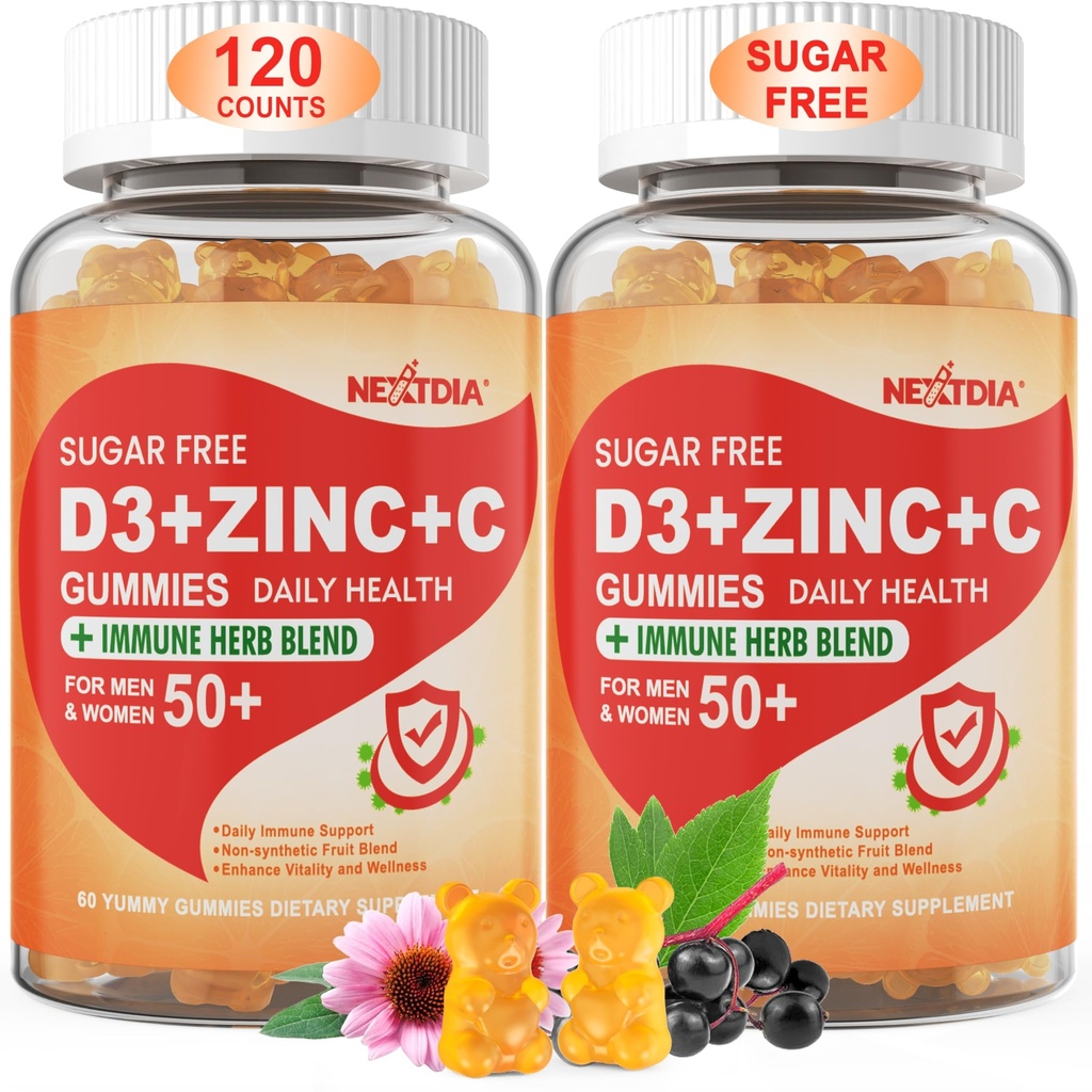 Bezcukrové vitamíny C + D3 + zinkové guličky pre dospelých 50 +, 9 v 1 doplnok imunitnej obrany s D3 5000IU, bazy, echinacea, Mullein Leaf for Boost Imunity, Power Antioxidant, Vegan (Pack of 2)