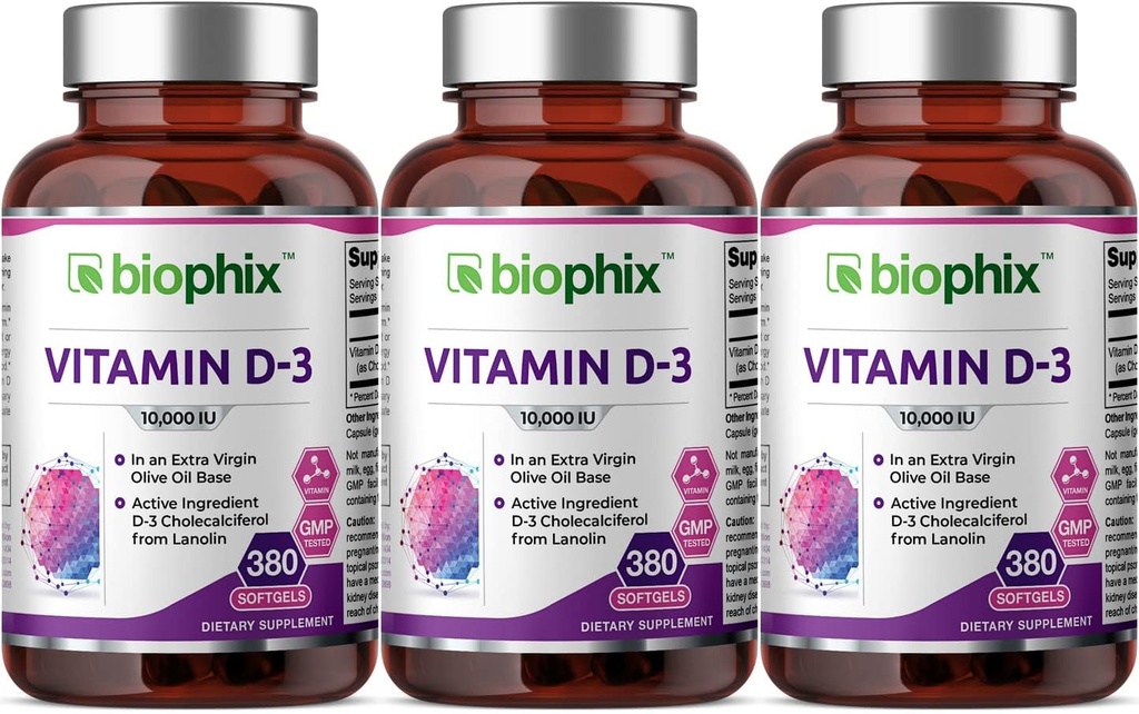 biofilx Vitamín D-3 10000 IU 380 Softgels 3 balenie - vysoká čistota v extra panenskom olivovom oleji bez GMO sóje podporuje silné kosti imunitné zdravie