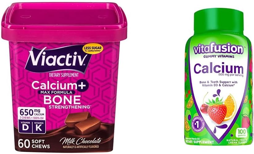 Viactiv Calcium Chews 60 Počet a vitafusion Calcium Gummy Vitamíny 100 Počet - kalcium doplnky pre podporu kostí a zubov