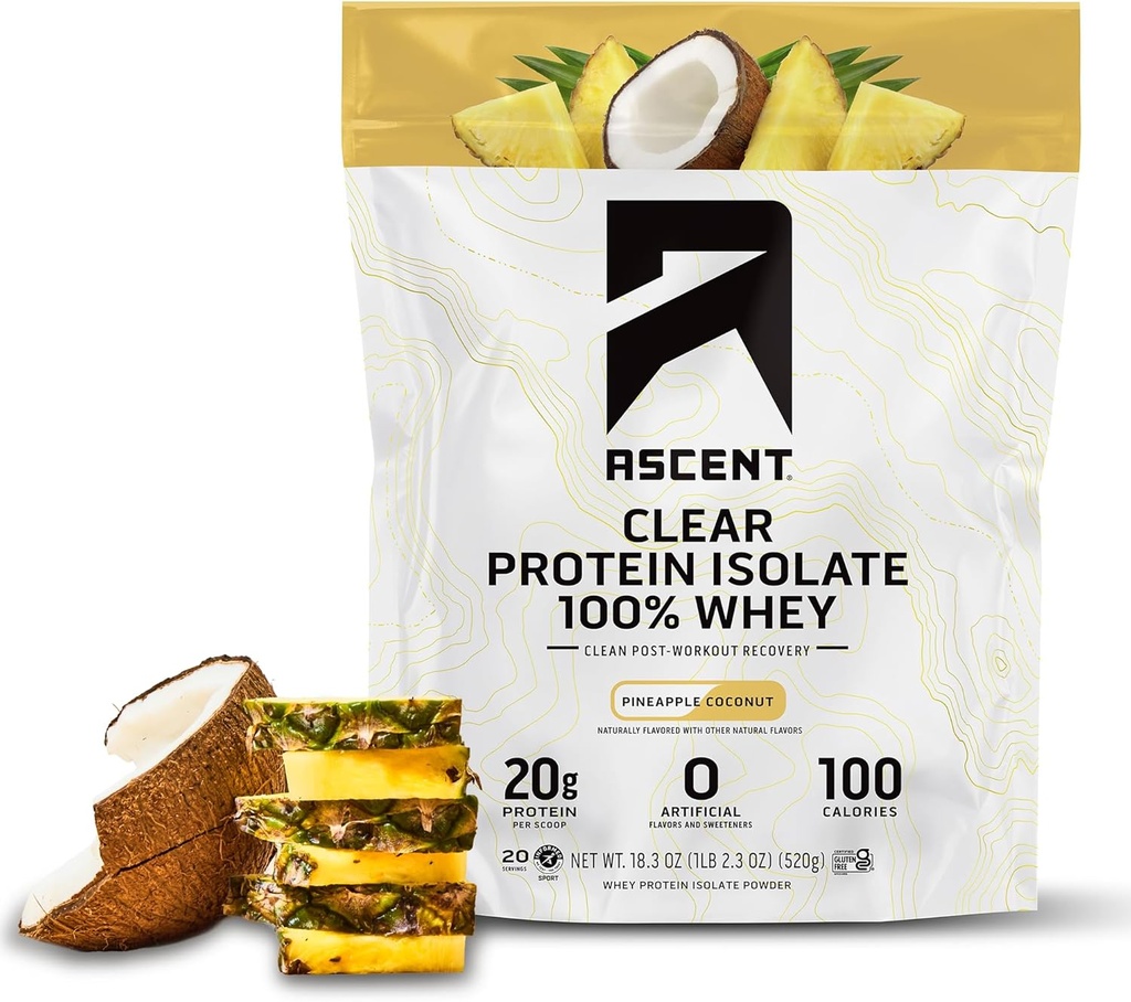 Ascent 100% Clear Wheey Protein Powder - Post workout Wheey Protein Isolát, Zero Umelá chuť a sladidlá, Gluten Free, 5.5g BCAA, 2,1g Leucín, Esenciálne aminokyseliny, Ananás Coconut, 20 Serv