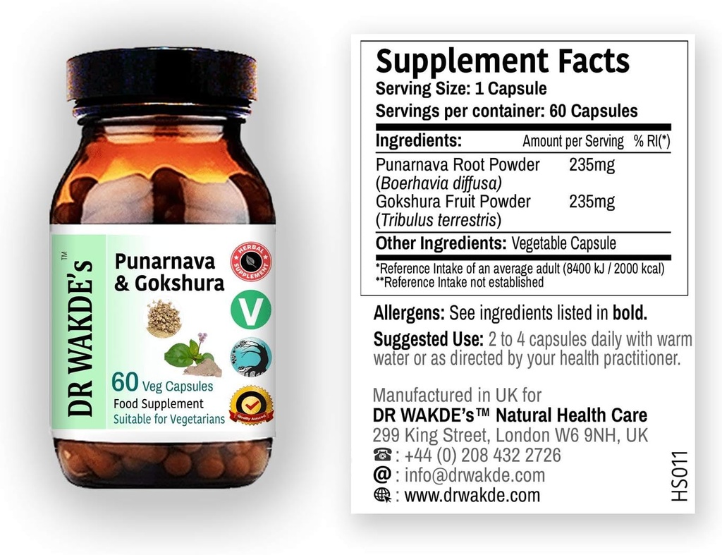 Punarnava a Gokshura kapsuly DR WAKDE (60 Veg Caps, podporuje zdravé močové splachovanie, Ayurvedic Supplement, Vegan, bylinné, všetky prírodné, vyrobené vo Veľkej Británii)