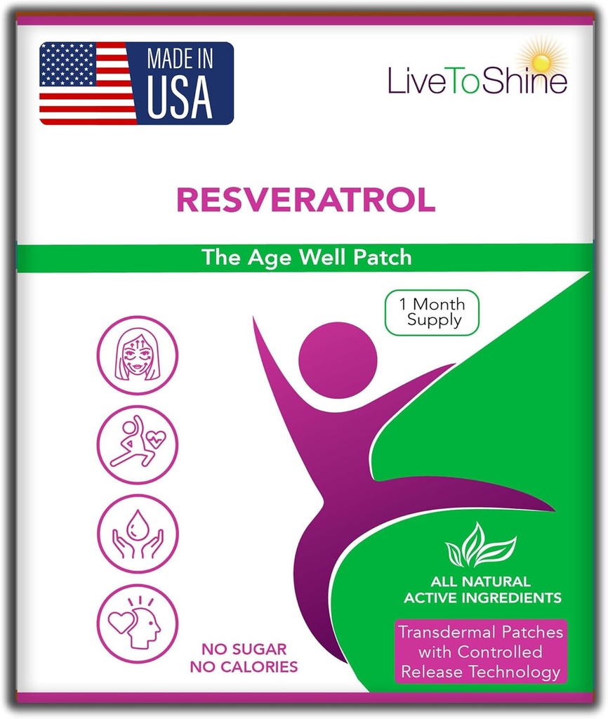 Live To Shine Resveratrol Patch - Transdermálne Topical Plant-Based Antioxidant Podpora pre zdravé starnutie a wellness - 30 Patches for Women and Men - USA Made