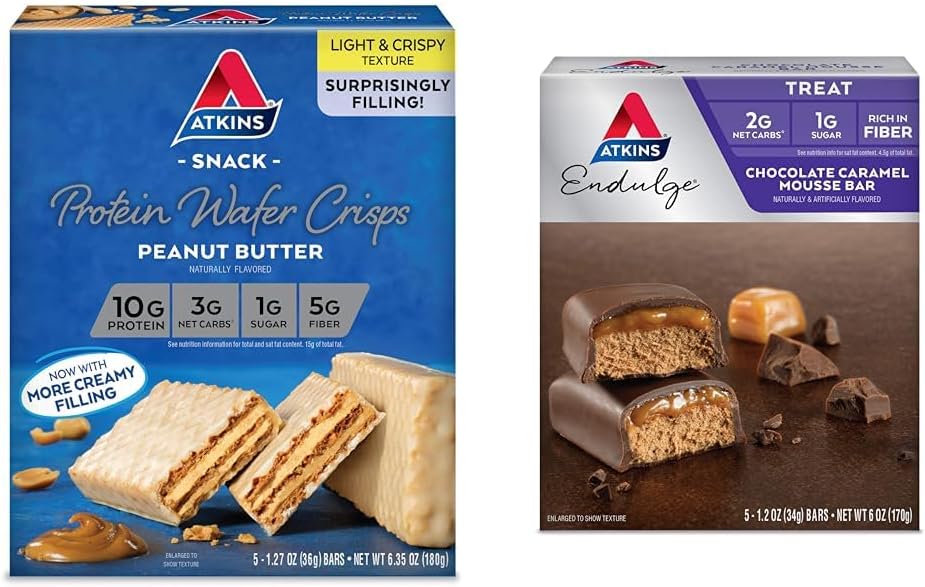Atkins Arašidové maslo Proteín Wafer Crisps 5 Počet a čokoládové Caramel Mousse Bars 5 Gróf Bundle