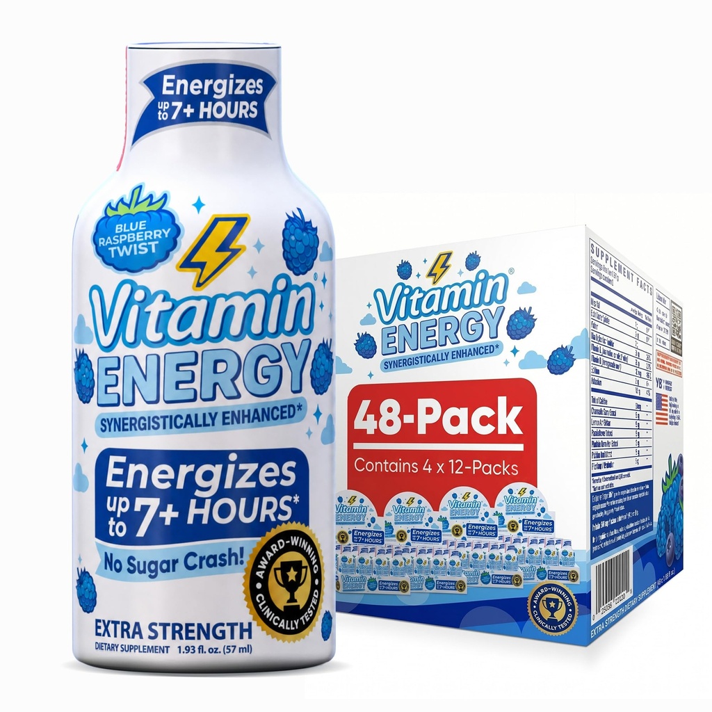 Vitamín Energy Immune+ Extra sila Energia Shot Modrá Malina 48 Balenie, 260mg Prírodný kofeín, B-vitamíny, Citrikolína, Zelený čaj, Imunita & Focus Podpora, Zero Cukor, Gluten-free 1,93 fl oz
