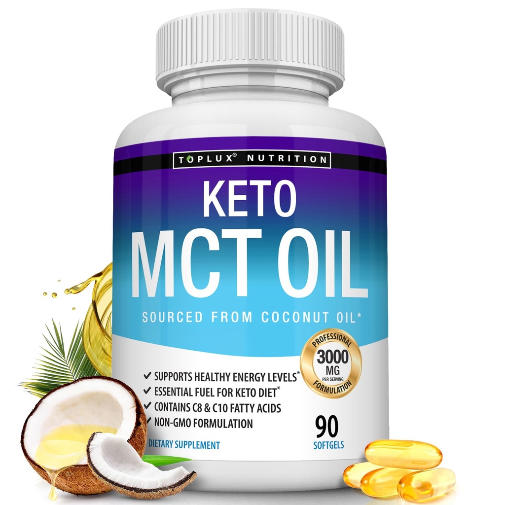 Toplux Keto MCT olej Kapsule - 3000mg Natural Pure Coconut Oil Extract Pills, Zdroj energie, Easy to Digest for Muži Ženy, 90 Softgels, Supplement