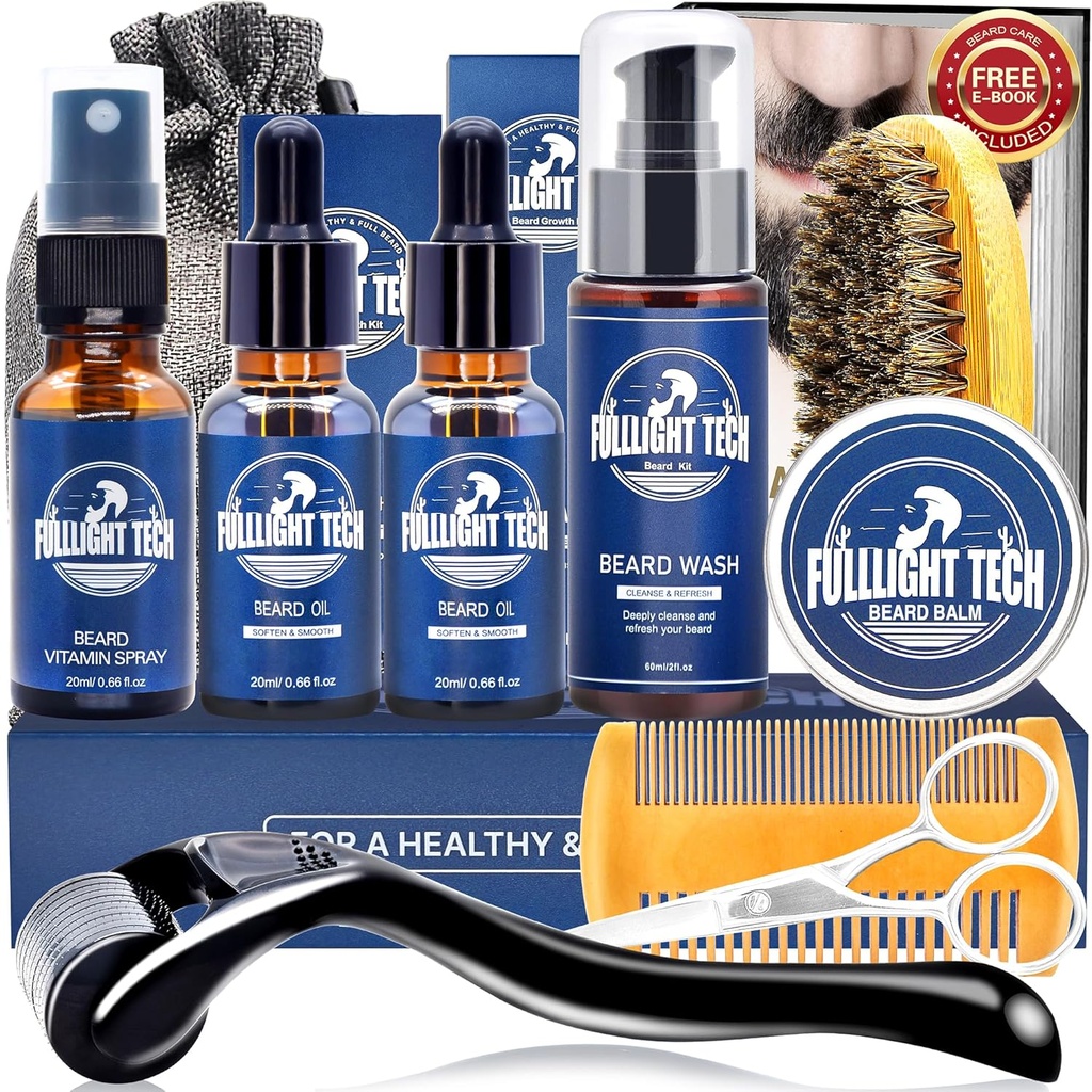 Sada starostlivosti o mužov-Nourish Soften Grooming Patchy Beard W/Vitamin Spray,Mustache Oil,Balm, Wash,Boar Bristle Brush,Wooden Comb,Nožnice,Valentines Otcov Darčeky pre mužov Otec mu manžel priateľ