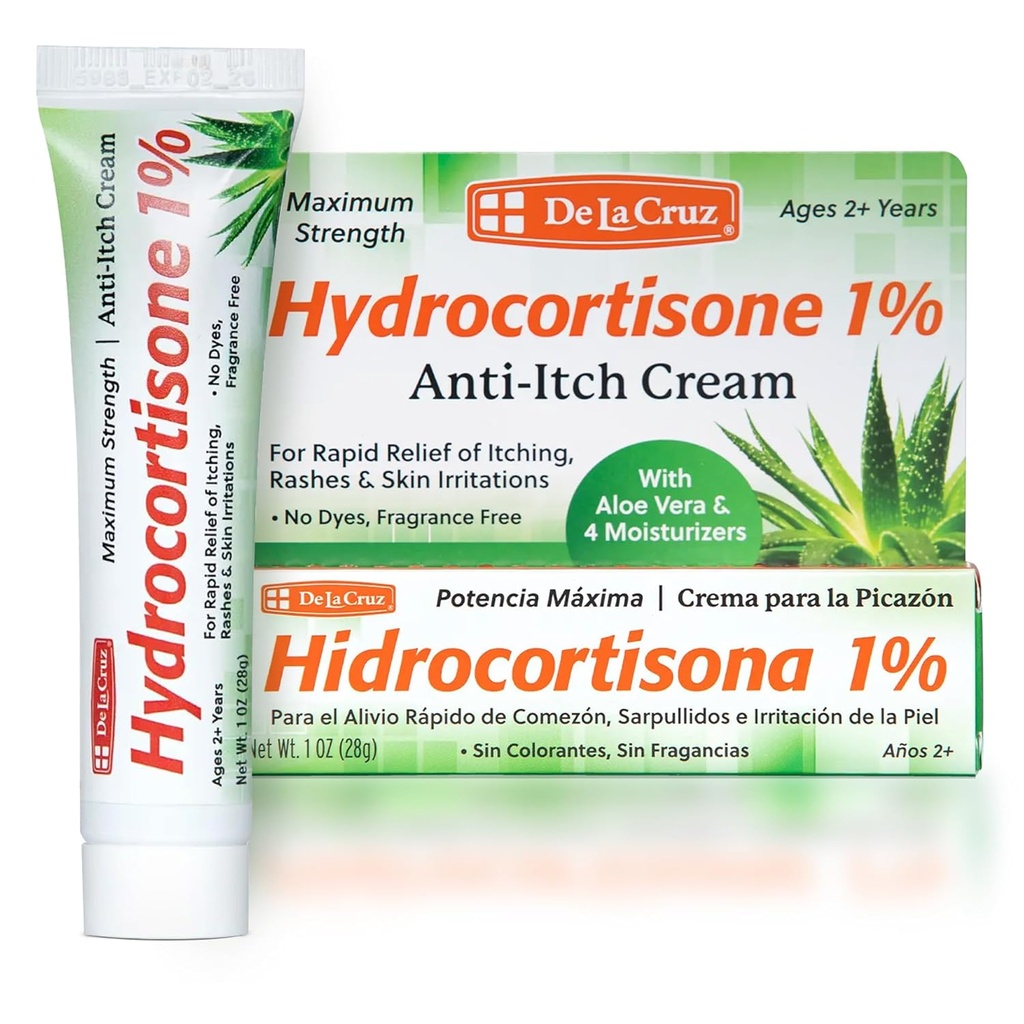 De La Cruz 1% Hydrokortizón Cream - Maximálna sila - Topický Anti svrbenie Hydrokortizón Cream s Aloe Vera a hydratačné prípravky pre suchú pokožku, sčervenanie, dermatitída, ekzém a vyrážky - 1 OZ (28g)