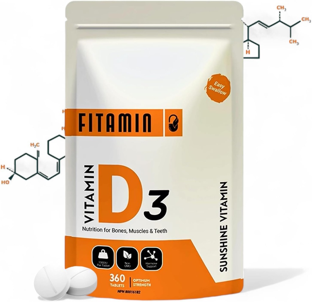 Vitamín D3 1000iu - 360 Easy-prehltnutie tablety pre silné kosti, zdravé zuby, imunitný systém podpora a svalová funkcia - prírodný vitamín D doplnok - 1 rok dodávky pre mužov, ženy a seniorov