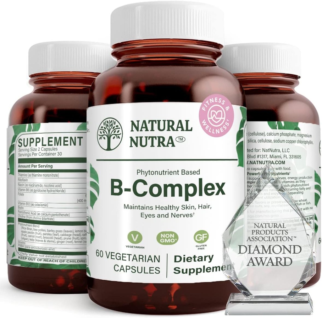 Prírodné Nutra vitamín B komplex s niacín, folát, tiamín, biotín, podporuje nervový systém zdravie, podporuje metabolizmus, koža, oči a vlasy zdravie, celé jedlo doplnok, 60 Vegetariánske kapsule