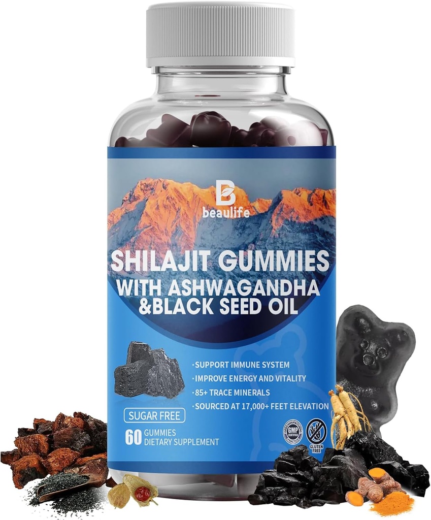 Shilajit Gummies, Shilajit, Resin, s 85+ Stopové minerály, kyselina fulvová, Phytonutrienty, vitamín C, D, B12, Ashwagandha, Chaga Mushroom, Turmerica, pre energiu, Imunitná podpora