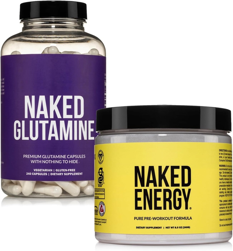 NAKED Vegan Energizing Muscle Recovery Bundle Unflavred Energy a 240 L-Glutamine Capsulas, 1000mg