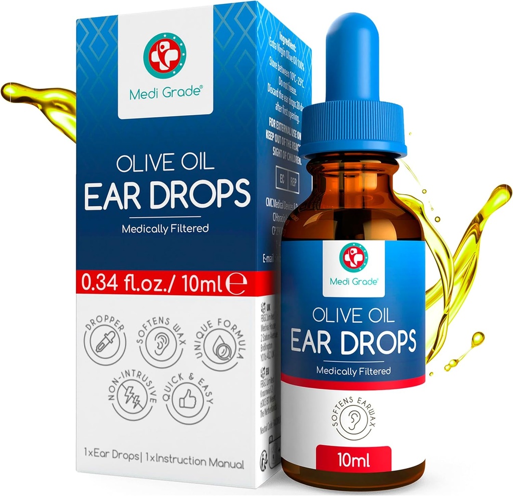 Medi Grade Olive Oil kvapky do ucha pre odstránenie voskov a zablokované uši, 10ml - 100% prírodné ušné Wax odstránenie kvapky s Pipette Dropper zmäkčuje a odstraňuje stvrdnutý Earwax Buildup - Advanced Ear Wax kvapky