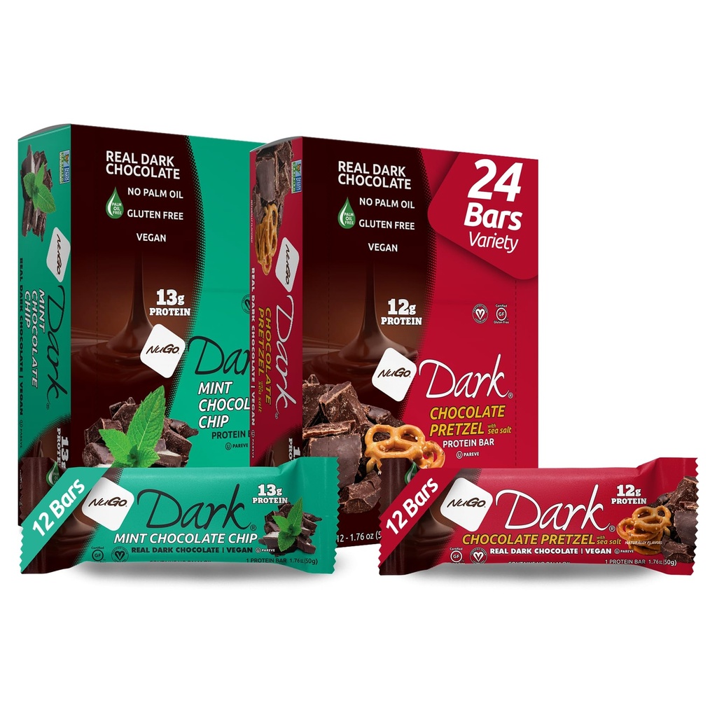 NuGo Tmavá rozmanitosť - čokoládový praclík 12 Bary a mincovňa Čokoláda Chip 12 Bary, 12-13g Proteín, Vegan, Gluten Free, Non-GMO, Kosher Pareve, 24 Počet