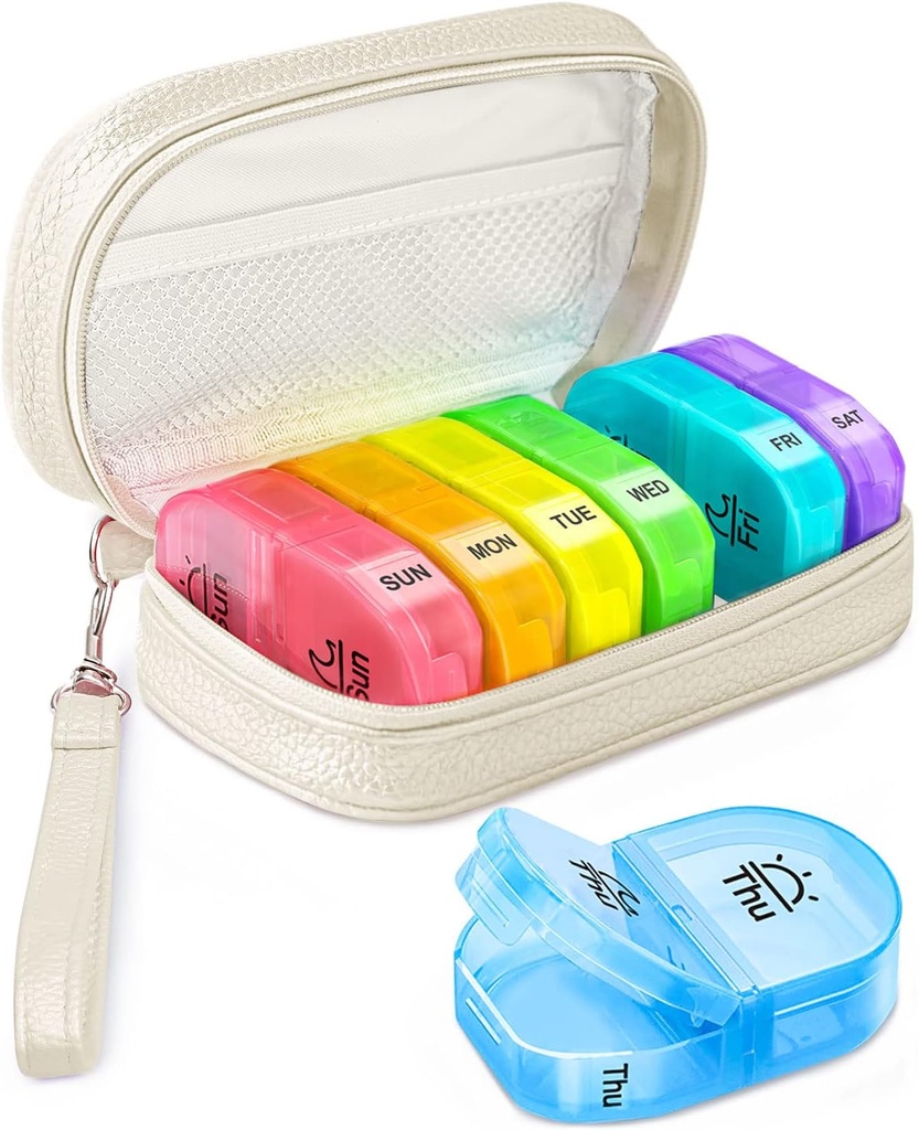 Cute pilulky Organizátor 2 časy denne, PU kožené pilulky Prípad pre ženy, Prenosné týždenné pilulky Box pre Purse s zásobníkom držať vitamíny, lieky, rybie oleje, doplnky (Beige)
