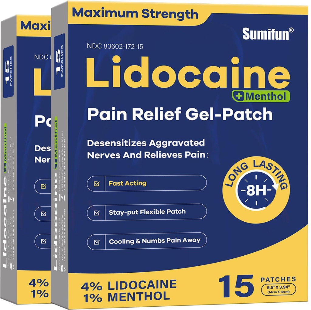 Sumifun 4% Lidokaín Patches Plus 1% Menthol - 30 grófov Maximálna sila OTC úľava od bolesti Patches pre Back Ache Stif Neck Bolesť kĺbov Svalová bolesť Topická analgézia