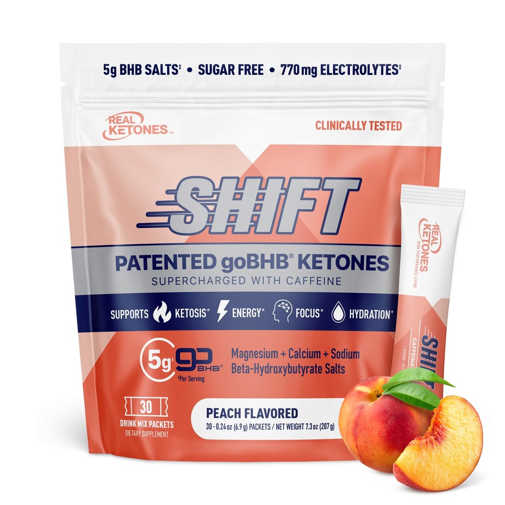 Real Ketones BHB Exogenous Ketones Drink Mix Packets Keto Electrolytes Powder Packets No Sugar with 4 Main Fasting Electrolytes Plus Hydrating Patented Keto BHB - 30 Count Peach Caffeine