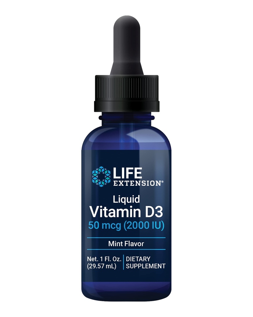 Life Extension Life Life Life Vitamín D3 (Mint), 50 mcg (2000 IU), Immune System Support, Bone Health, Whole-Body Health, Chutná mäta mäty, Gluten Free, Non-GMO, 29.57 ml