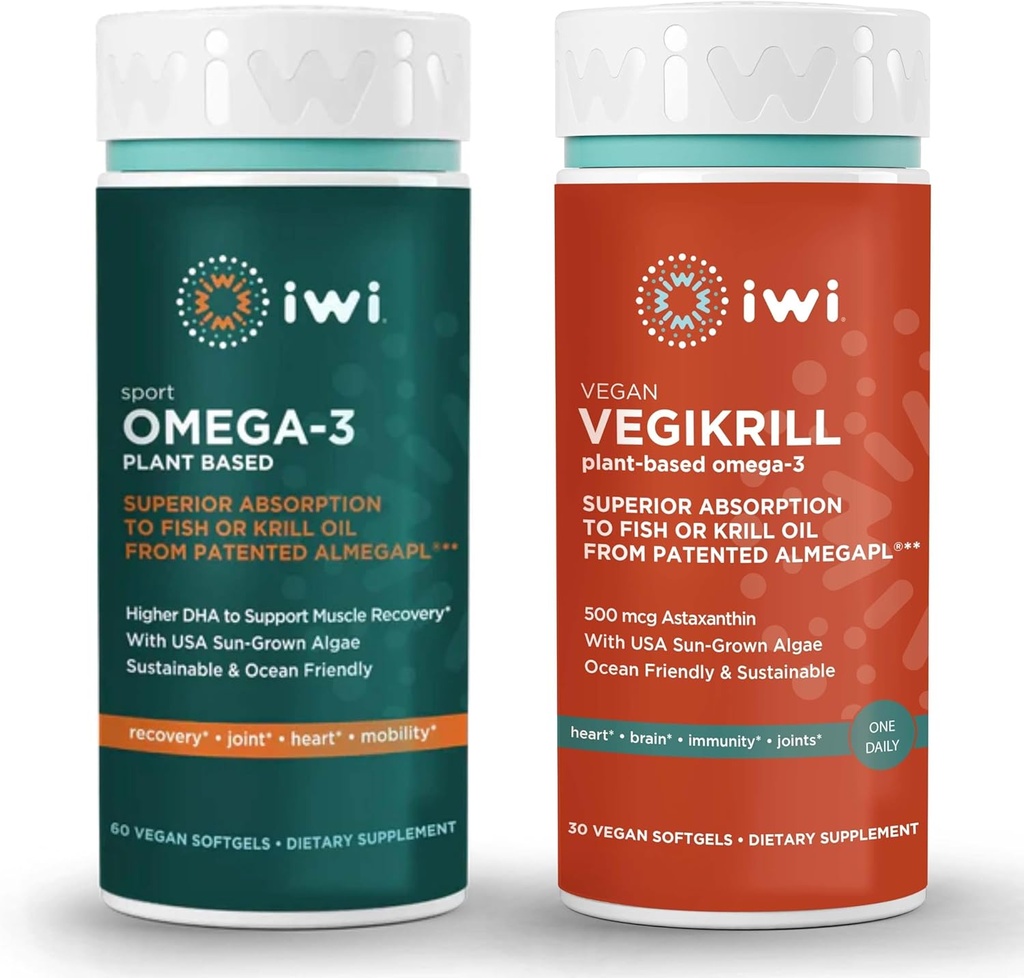 Iwi Omega-3 Sport & Vegikrill Omega-3 Bundle, 30 Servings, Vegan Plant-Based Algae Omega 3 s EPA + DHA, Krill & Fish Oil Alternative, No Fishy Dochute